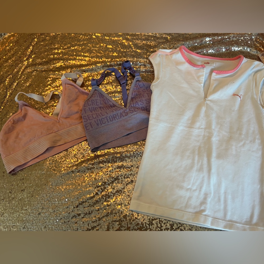 Workout bundle with 2 Victoria Secrets sports bras and 1 Puma fitness top